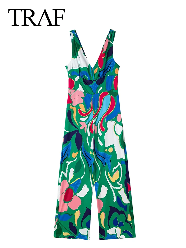 

TRAF 2022 Fashion New Print Sleeveless V-Neck Jumpsuits Flowers Elegant Wide Leg Pants Women's Slim Bright Streetwear Summer