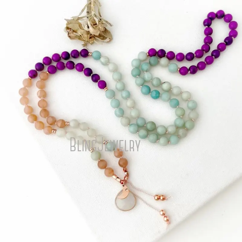 

MN43523 Mediation Mala Necklace for Women Aquamarine Mala Beads and Moonstone Guru Crystal108 Mala Prayer Beads Necklace