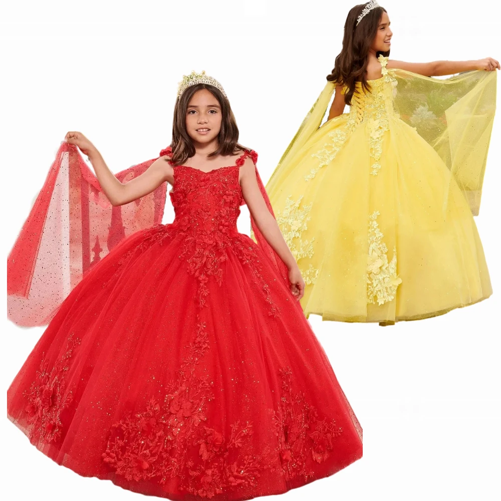 Роскошное платье с цветочным узором для девочек красное или желтое свадебное