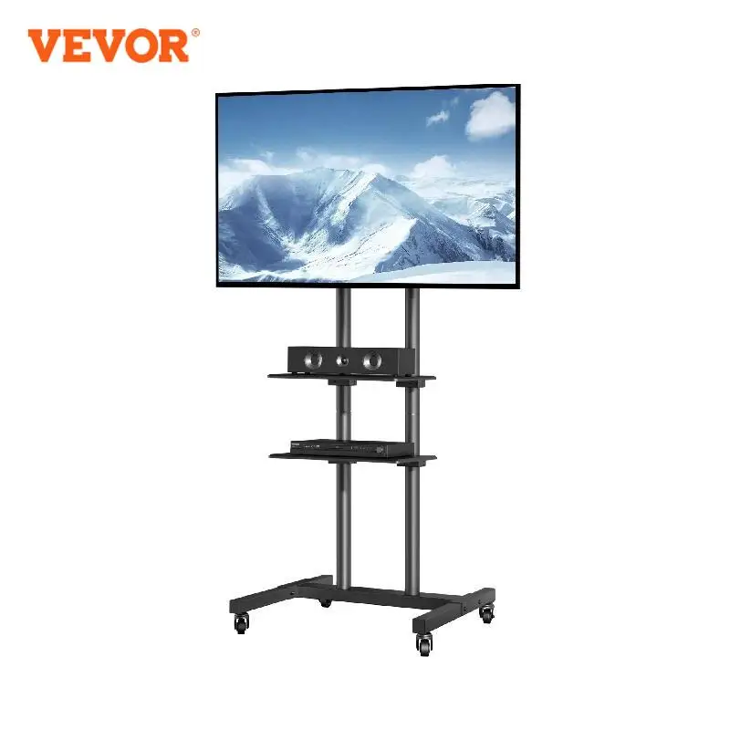 Height Adjustable Tv Stand With Wheels Double Tray For Audio-visual Devices Rolling Tv Stand For Bedroom