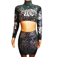 party evening costume rhinestones mirror sequins two piece suit bag hip dress cropped top long sleeve nightclub dance show wear