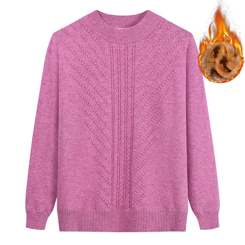 

2022 Middle Aged Women Add Velvet Knitted Sweater Autumn Winter Long Sleeve Warm Pullover Bottoming Sweaters KW137