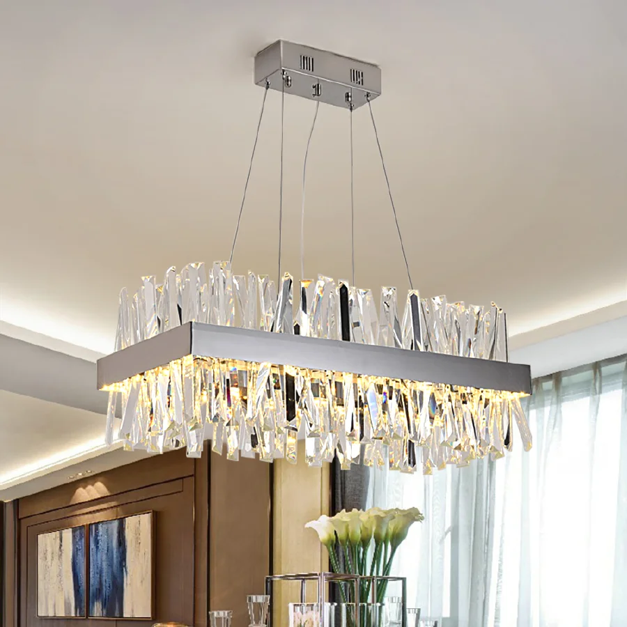

Modern Hanging Chandelier For Dining Room Luxury Rectangle Kitchen Island Crystal Lamps Chrome Gold Led Home Decor Light Fixture