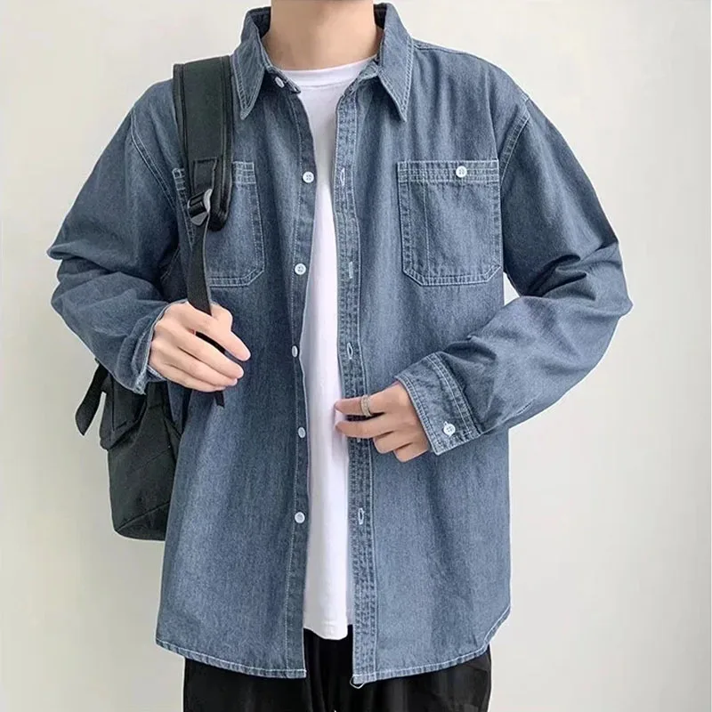 Denim Shirt Cardigan Coat For Men Korean Kpop Jacket Grunge Clothes Punk Oversized Japanese Streetwear Unisex Casual Clothing