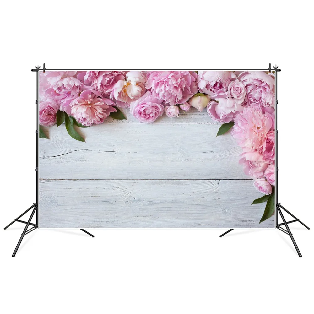 

White Wooden Board Pink Flower Peony Decoration Photography Backdrop Children Floral Petal Plank Birthday Party Photo Background