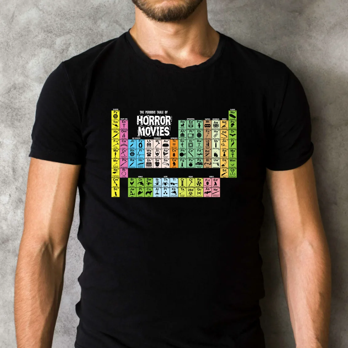 

Periodic Table of Horror Movies Classic Black T-Shirt Horror Movie T-Shirt