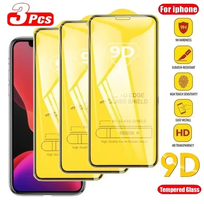 

3PCS 9D Screen Protector Tempered Glass for IPhone 15 14 13 12 11 Pro Max Protective Glass for IPhone X XR XS Max 7 8 6S 14 Plus