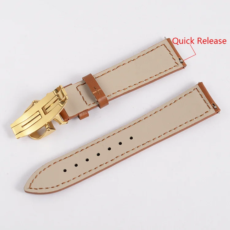 Brown Genuine Leather Watch Strap Butterfly Clasp Replacement Watch Wrist Band 21mm