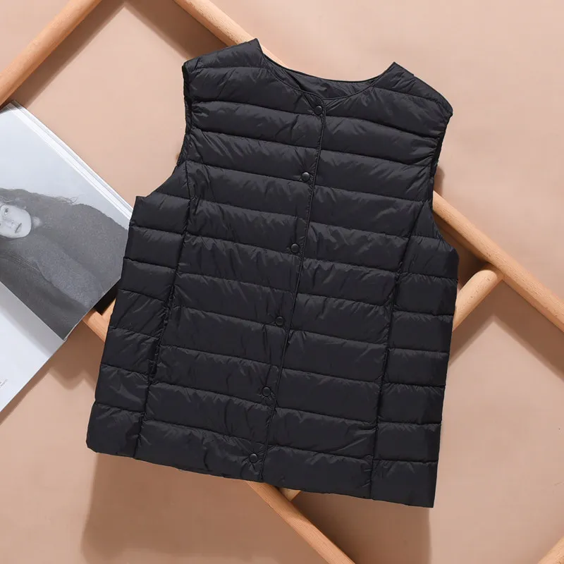 ZOROAW 90% Ultra Light White Duck Down New Causal Women Vest Waistcoat Puffy Padded Warm Sleeveless Jacket V-Neck Or O-Neck Coat