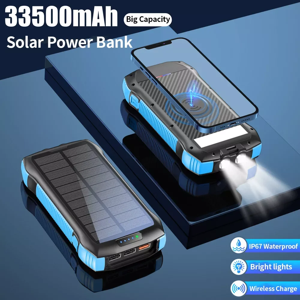 

2023New PINZHENG 33500mAh 10W Wireless Charger Solar Power Bank PD 18W Fast Charging WaterProof Powerbank For iPhone Xiaomi Powe