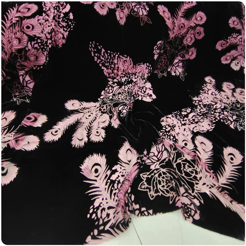 

Velvet fantasy pink bird flying on a silk fabric, ideal for a long skirt