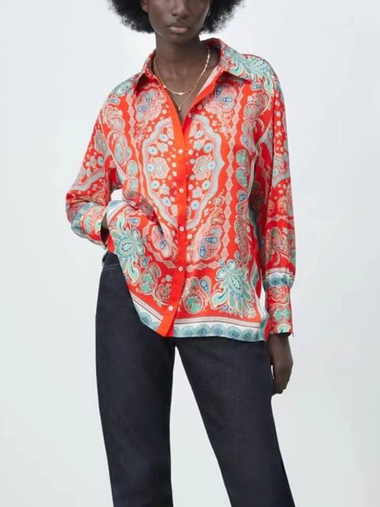 

Женская Тонкая блузка с принтом, винтажная однобортная рубашка оверсайз с отложным воротником и длинным рукавом, лето 2022