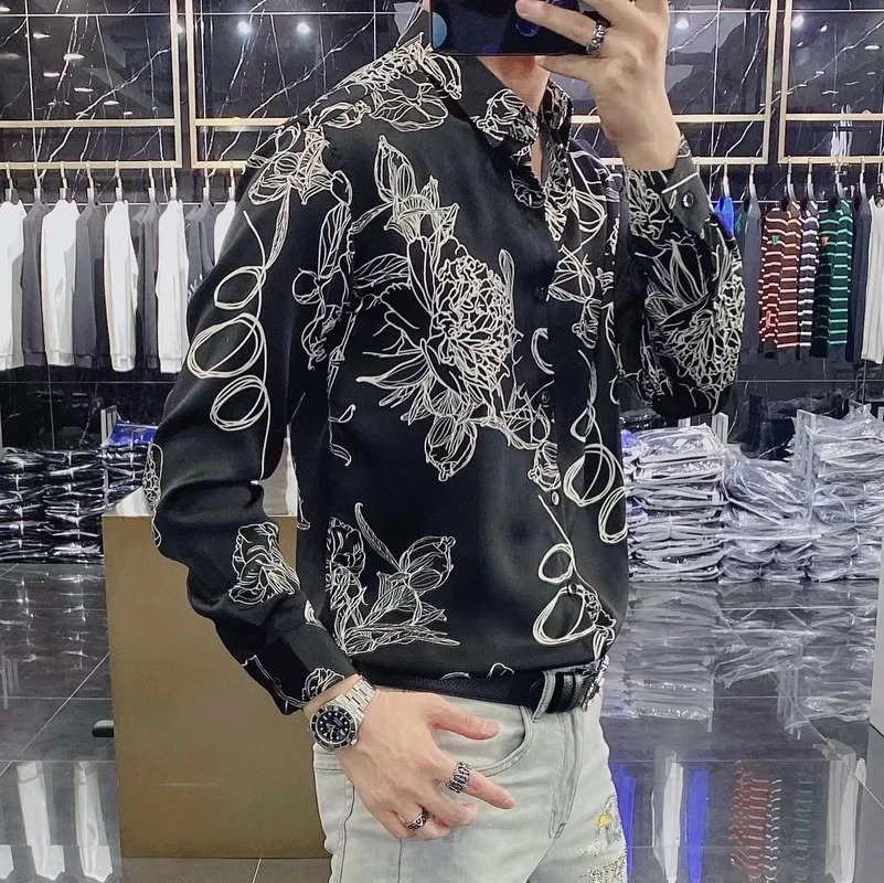 2022 Autumn Vintage Flower Print Shirts for Men Long Sleeve Loose Casual Shirt Shoulder Slip Business Social Party Tuxedo Blouse