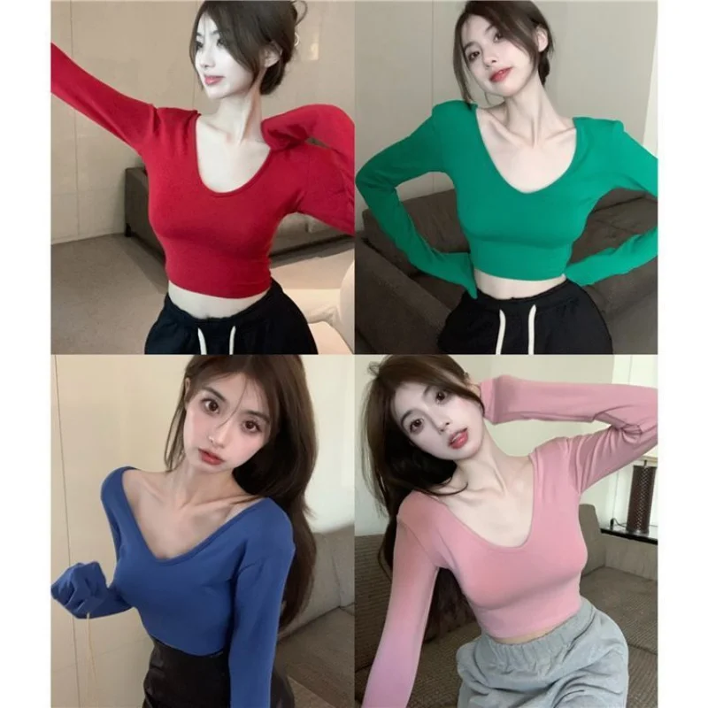 

Red Top Women's Design V-neck Short Bottoming Shirt Early Autumn New Inner Wear Pure Desire Machine Clavicle Long Sleeve T-shirt