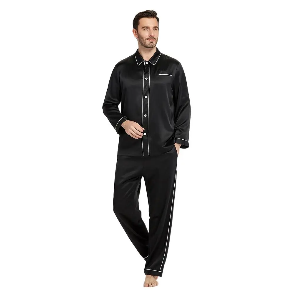 100% Real Silk Pajamas Set For Men 22 Momme Luxury Full Length Long Contrast Trim Men's Clothing Sleepwear
