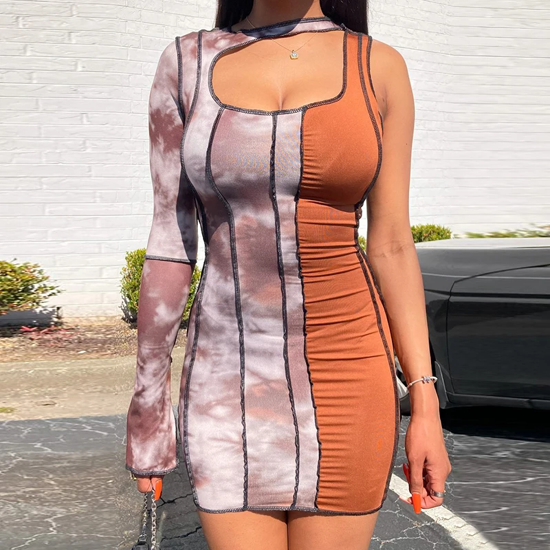 

AIIOU Tie Dye Patchwork Slim Dress Women One Shoulder Sleeveless Asymmetric Backless Bodycon Mini Dress Summer Party Club Wear