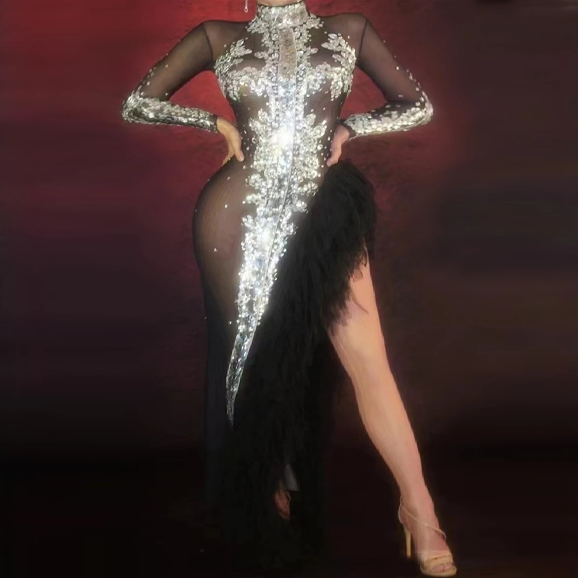 

Turtleneck Silver Sequines Performance Costume Women Long Sleeve Black Mesh Sexy See Through Ruffles Long Dress