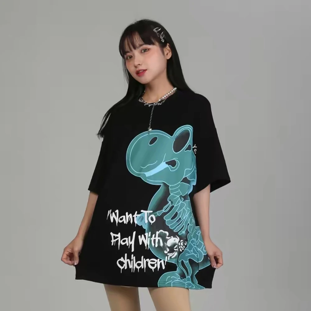 

MAKE A FRIEND Women Clothes Tshirt Cartoon Skull Dinosaur Printed T-shirt Casual Loose Oversized Front Back Wearable Tops Tunics