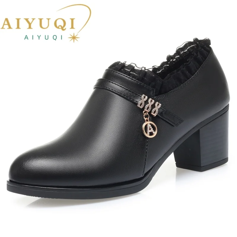 

New Genuine Leather Women Dress Shoes 2023 Spring Large Size Lace Fashion Women Shoes Round Toe Mid-heel Women Office Shoes