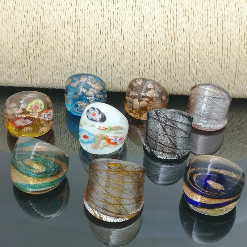 

9PCS Wholesale Randomly Mix Color Lampwork Glass Murano Rings For Women Free Shipping Gold Foil Color 17-19mm Band Random Model