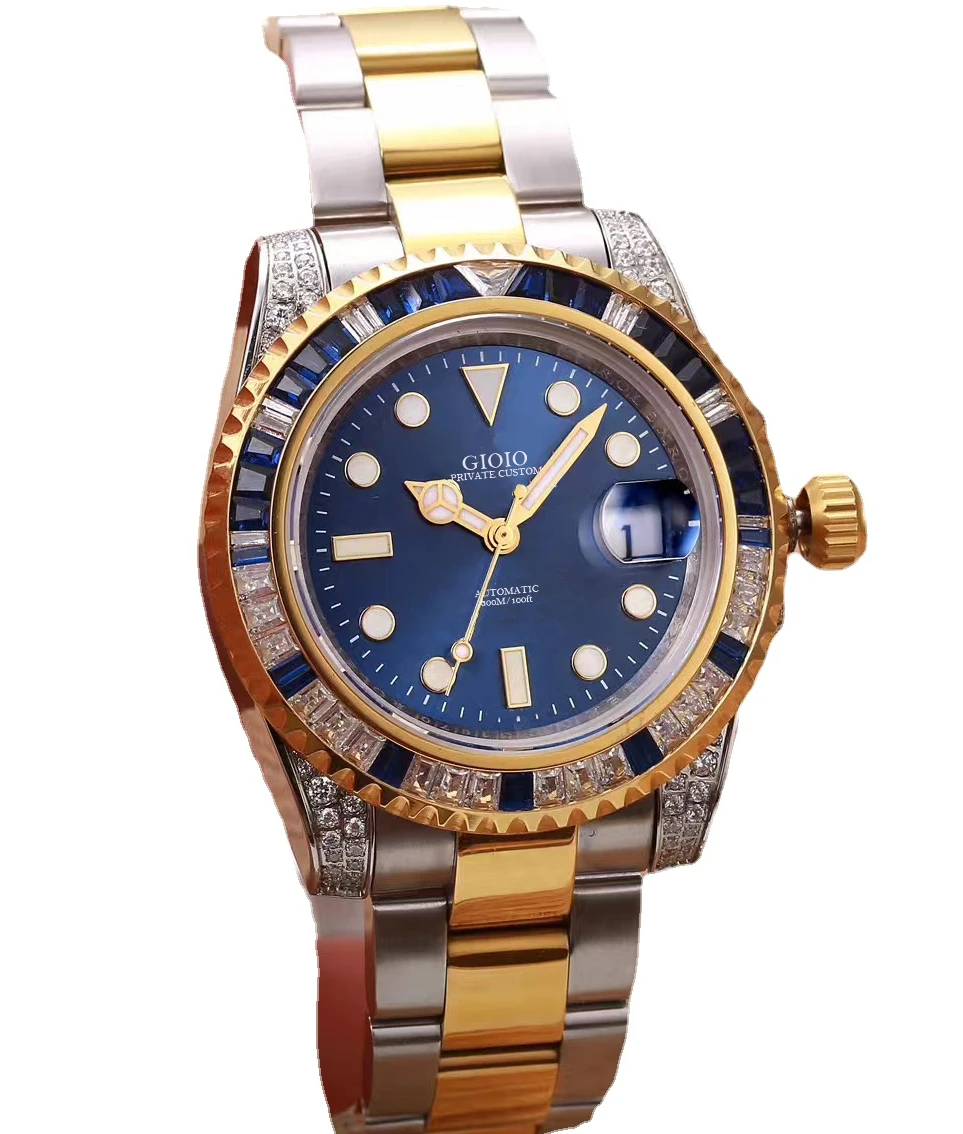 

men Automatic Mechanical watch Gold Diamond Blue Green