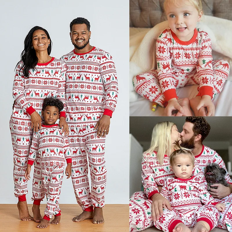 

2023 Christmas Family Matching Outfits Pajamas Cartoon Elk Tree Snowflake Printed Adult Kid Family Sleepwear Set Xmas Clothes