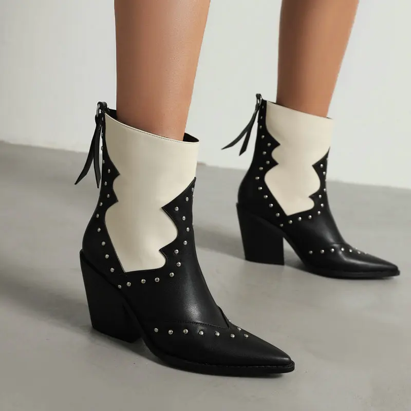 

Punk Gothic Pointed Toe Patchwork White Black Contrast Color Western Stylish Cowboy Girl Ankle Chelsea Boots With Studded Rivets