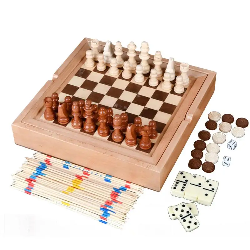 

Wood Board Games Portable Chess And Checkers Board Game 5 In 1 Checkers Set With Storage Drawer Board Games For Kids And Adults