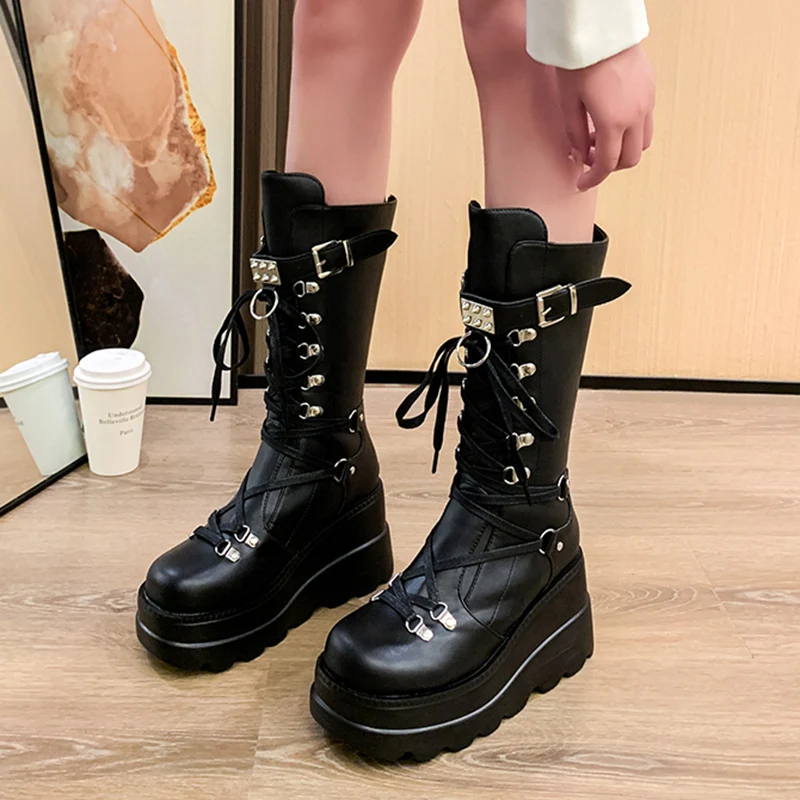 

Platform Wedges Plush Ladies Knee High Boots Lace Up Female Casual Outdoor Shoes Zippers Buckle Round Toe Women Modern Boots