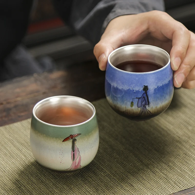 |pure gold gilded master single cup to cup kiln lady picture tea cup Kung Fu tea cup pure silver gilded silver tea cup