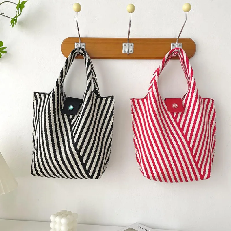 Handmade Knit Handbag Women Mini Knot Wrist Bag Japanese Casual Color Wide Stripe Plaid Tote Bag Student Reusable Shopping Bags