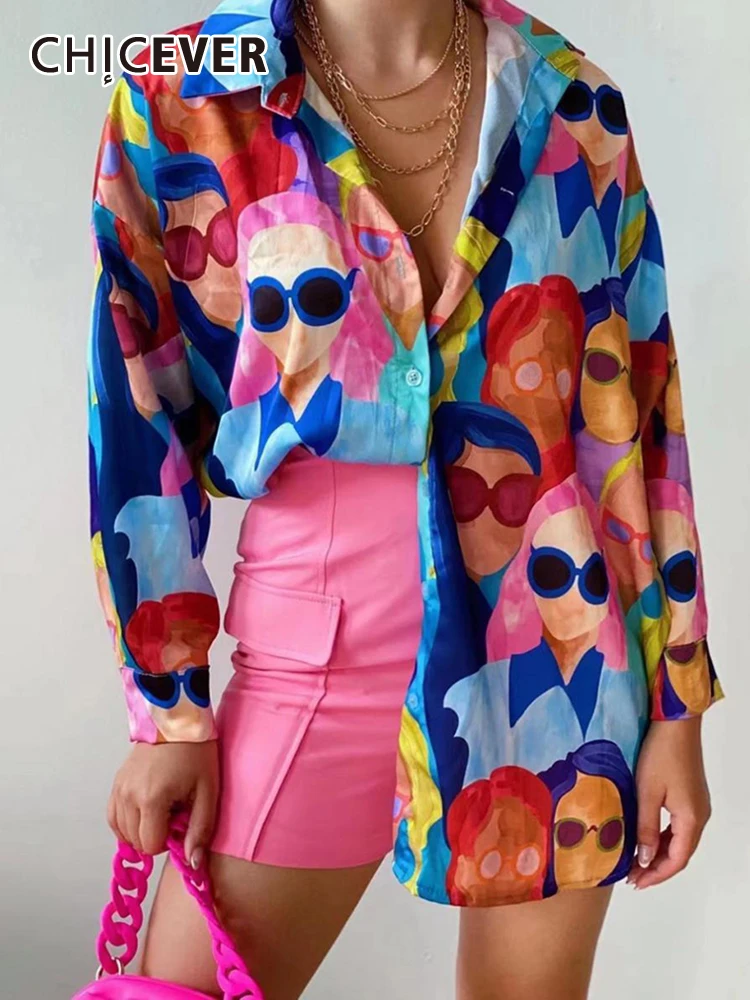 

CHICEVER, рубашки с цветочным принтом для женщин, с отворотом, с длинным рукавом, однобортная, цветная, свободная, повседневная, винтажная блузка, женская, летняя