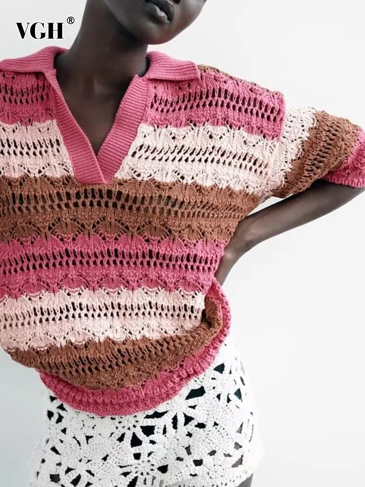 

VGH hollow out knitting pullover sweaters for women v neck short sleeve hit color casual loose striped sweater female clothing