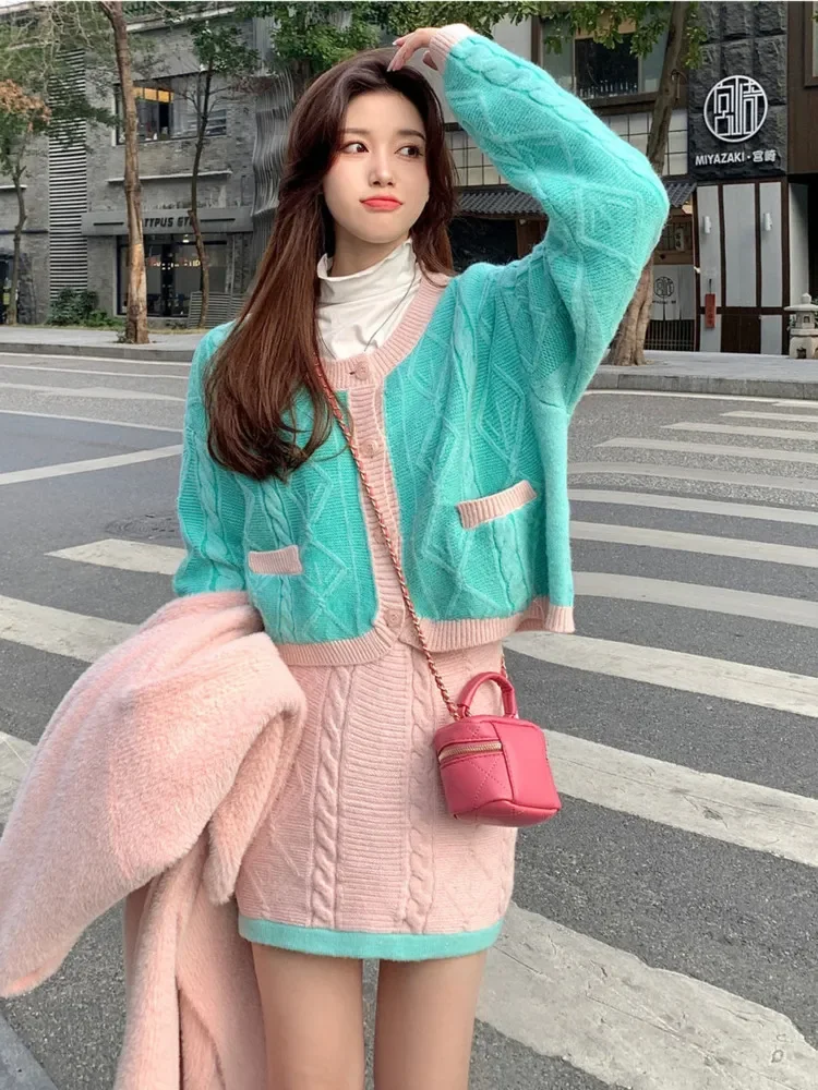 

2022 autumn winter Korean Fashion Sweater female Knit Cardigan crop top Mini Skirt two piece sets womens outifits ensemble femme