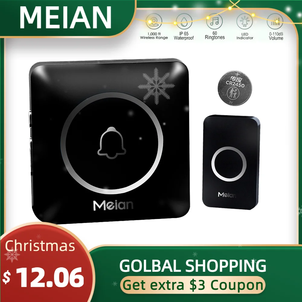 MEIAN Outdoor Wireless Doorbell Smart Home Welcome Doorbell LED Flash Waterproof 300m Remote Security Alarm 60 songs Chime