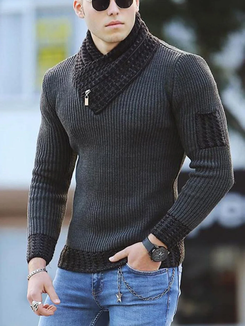

Long Sleeve Scarf Collar Color Block Sweater Autumn/Winter Casual Slim Knit Sweater Harajuku pullover sweaters Mens Clothes