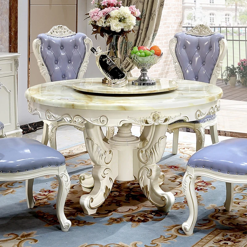 

European style dining table and chair combination all solid wood marble dining table round table with turntable household dining