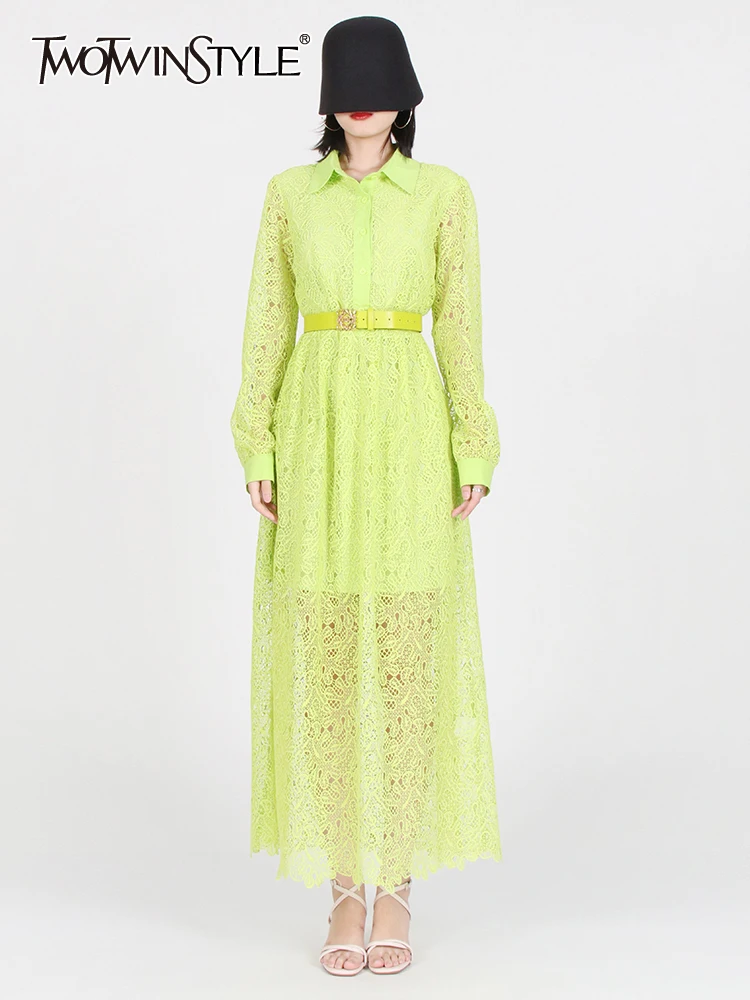 

TWOTWINSTYLE Solid Belt Dresses Female Lapel Long Sleeve High Waist Hollow Out Vintage Midi Dress Female Spring Clothes 2022 New