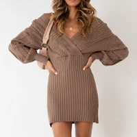 fashion knitted sweater dress women sexy off shoulder v neck mini ribbed dress autumn solid long sleeve elegant sweater dress