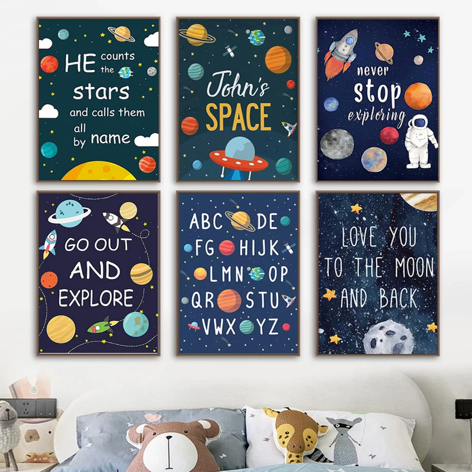 

Simple Cartoon Astronaut Small Character Planet Abstract Children Room Art spray canvas hanging painting decorative paintings