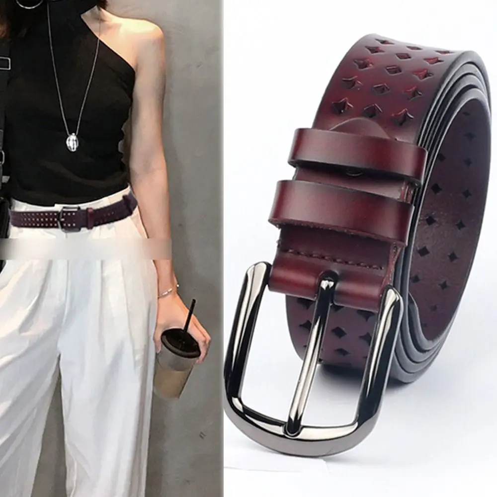 Women Luxury Brand Design Vintage Hollow Genuine Leather Belt Pin Buckle Waistband Waist Band Ladies Dress Strap