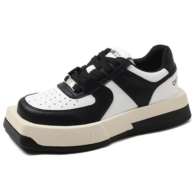 Personality Platform Women's Sneakers Leather Fashion Lace-up Square-Round Toe 2023 New Fashion Chunky Sneakers Woman