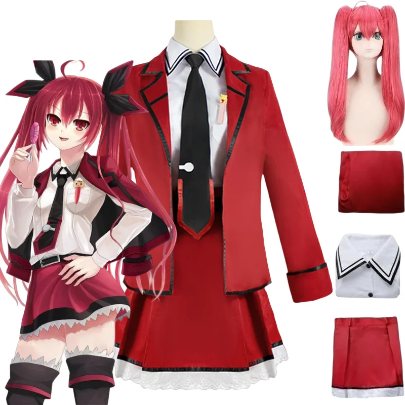 

Anime DATE A LIVE Kotori Itsuka Cosplay Red Coat Shirt Skirt Tie Belt Wig Lovely School JK Uniform Halloween Full Set Costumes