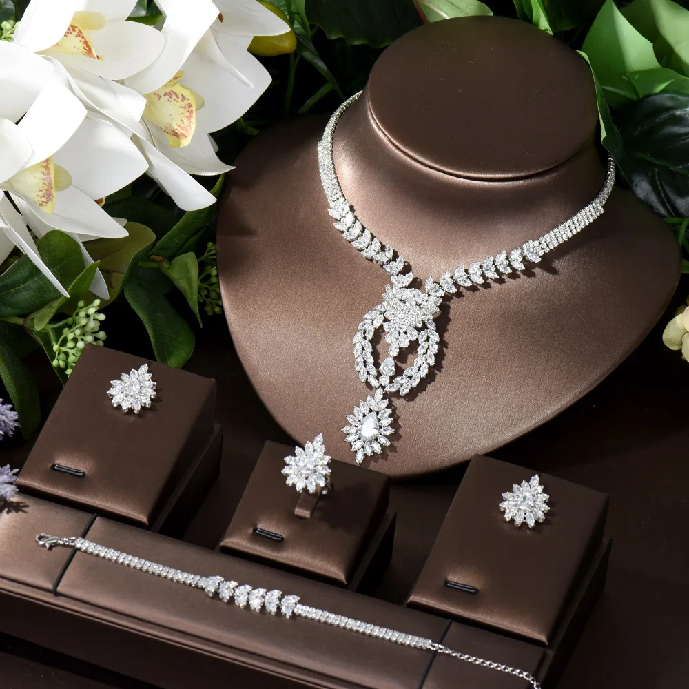 

HIBRIDE Big CZ Water Drop Shape 4pcs Necklace And Earring Sets Women Bridal Wedding Jewelry Parrure Bijoux Femme Mariage N-478