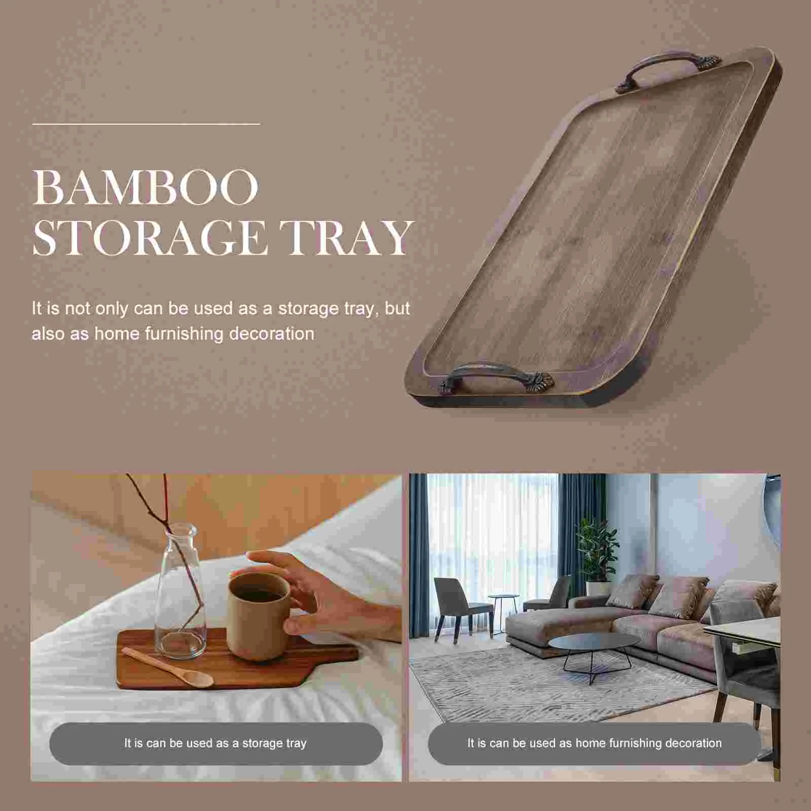 Bamboo Serving Tray with Metal Handle Household Storage Durable Handles |