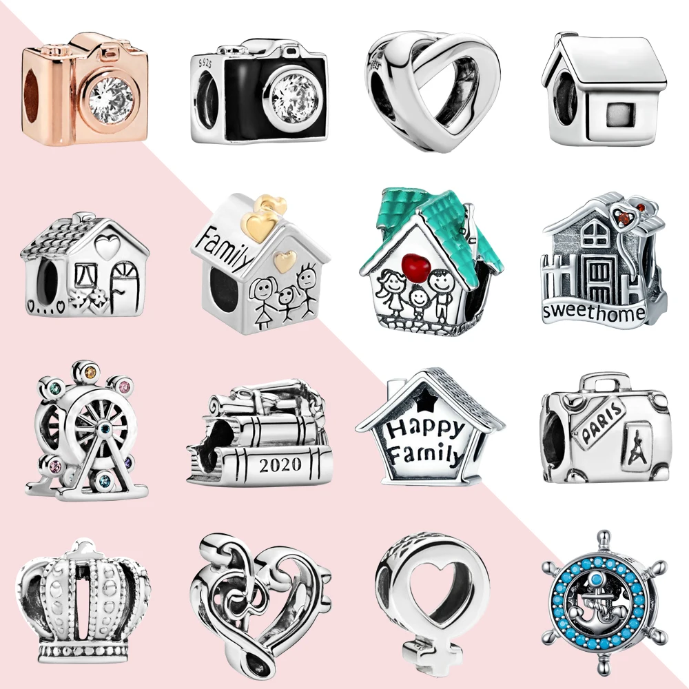 

New 925 Silver Travel Camera Family Sweet House Charm Beads Fit Original Pandora Charms Bracelet DIY Women Jewelry Gifts