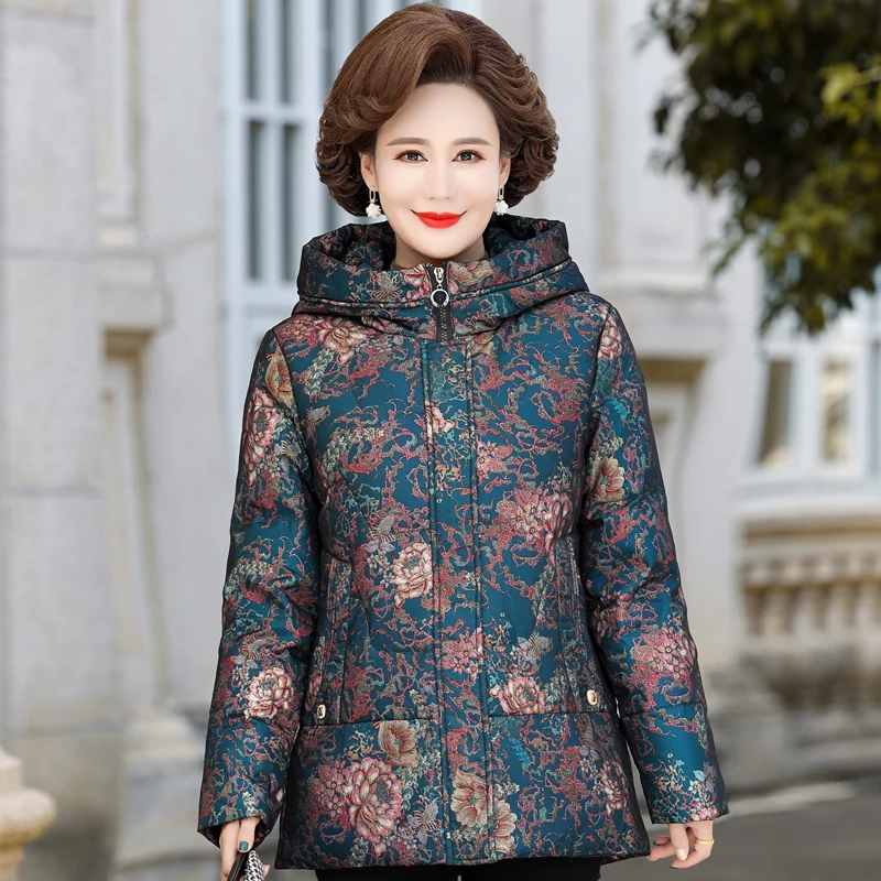 Elegant Flowers Down Parkas Winter Woman 2022 Casual Middle-aged Women's Down Coats for Mother Hooded Thick Warm Puffer Jackets