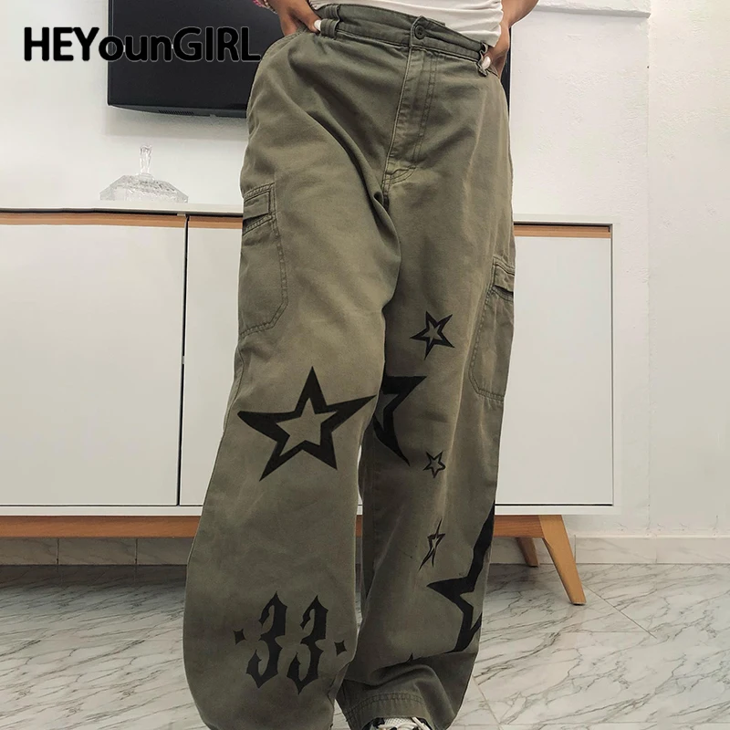 

HEYounGIRL Y2K Star Baggy Jeans American Retro Green Fashion Women Wide Leg Pants Harajuku Grunge Hip Hop Denim Sweatpants 90s