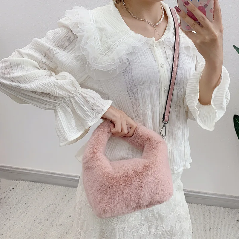 

Winter Faux Fur Bag Solid Colour Soft Fluffy Plush Bag for Women Ladies Zipper Square Handbag Travel Street Messenger Bag Female