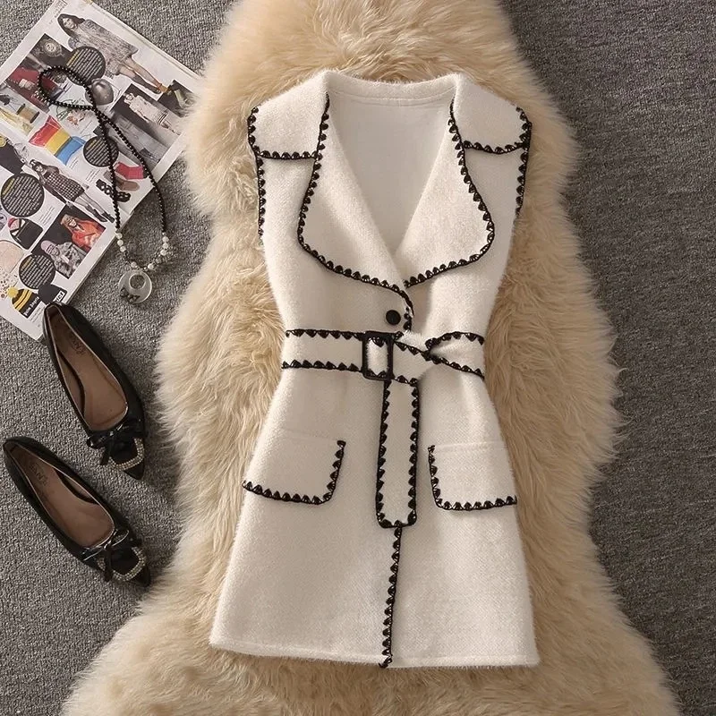 

Vintage Notched Collar Mink Cashmere Vest Jacket Women Korean Fashion Sleeveless Cardigan Coat Casual Knit Waistcoat With Sashes